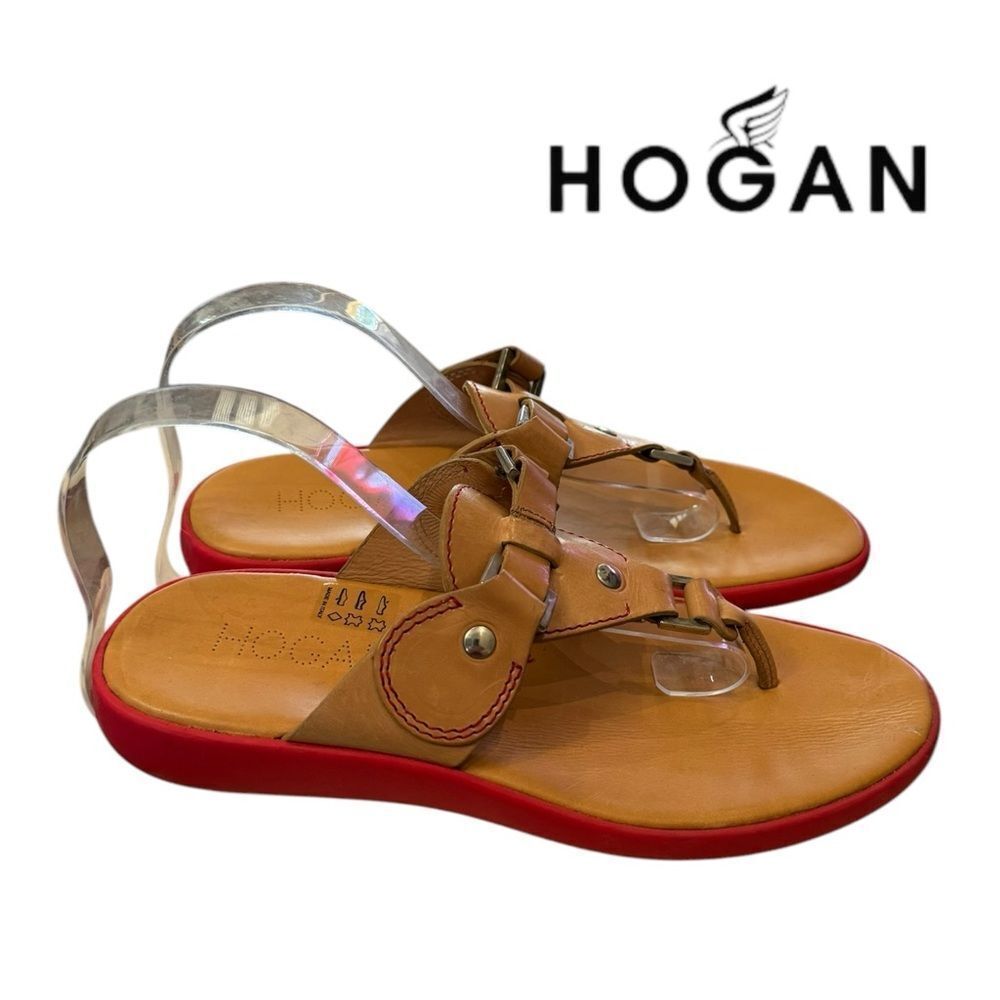 NEW HOGAN Women's Italy Thong Pull On Leather Beige Red Sandals 39 9